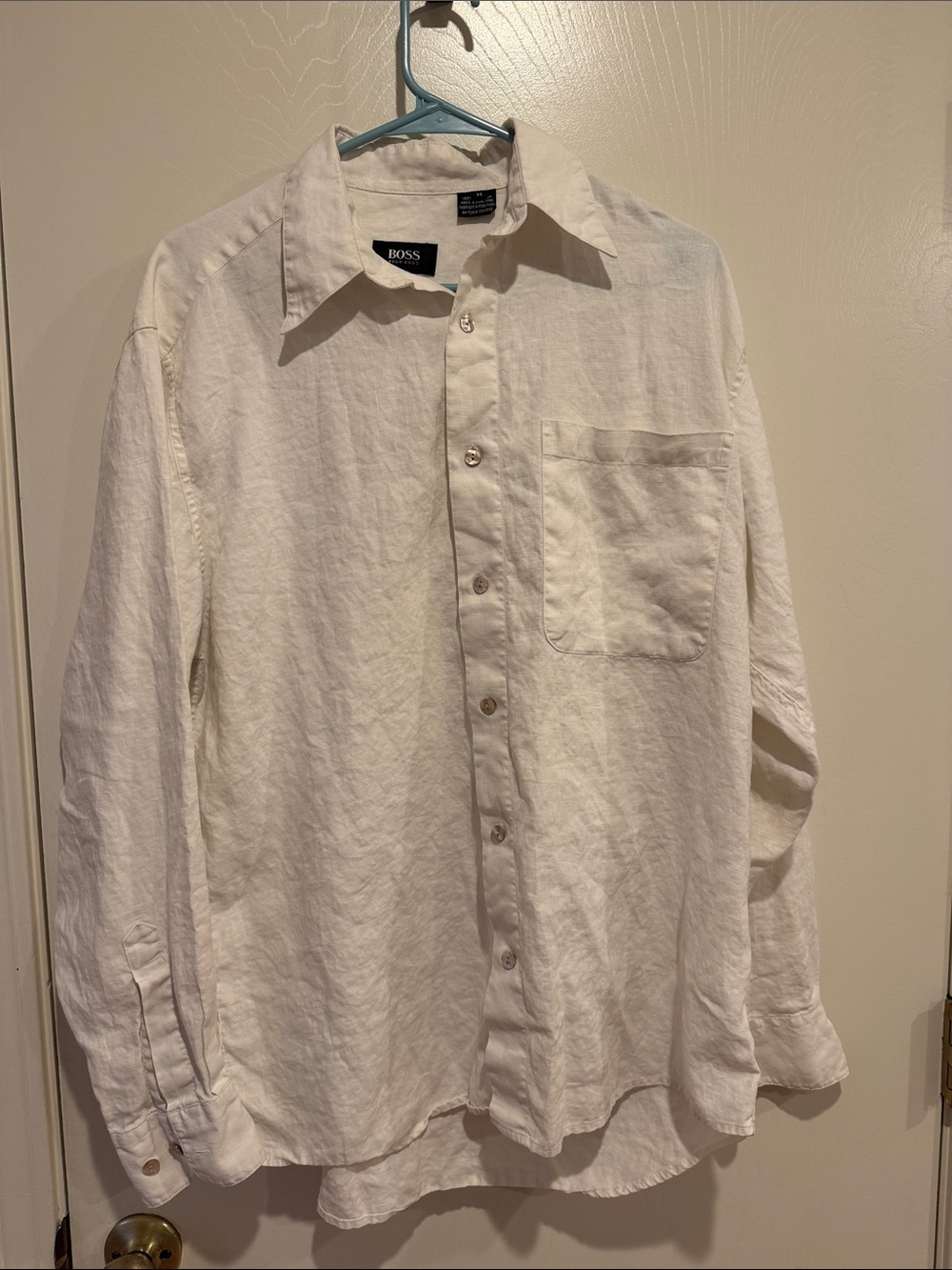 BOSS Men's White Linen Button-Down Shirt with Chest Pocket pearl buttons vintage